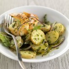 Salade de Rattes aux gambas, à la coriandre et à l’oignon rouge