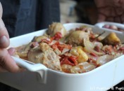 Poulet cocotte Poulet en cocotte aux oignons, tomates, vin blanc et chorizo