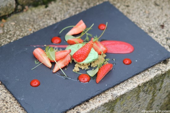 Assiette de Fraises, crème d'estragon et coulis de poivron rouge Assiette de Fraises, crème d'estragon et coulis de poivron rouge