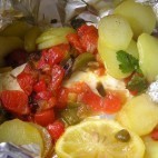 Papillotes de bar (loup) en habit de poivrons