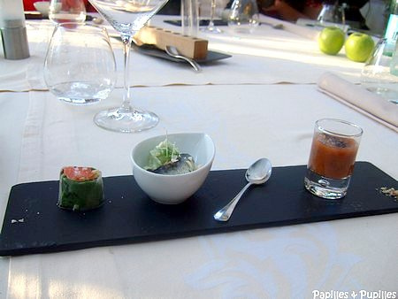 Rouleau de printemps, saumon, soja et cacao - Capuccino de basilic et amandes fraiches et sardine fraiche marinée - gaspacho de tomates et olives noires séchées