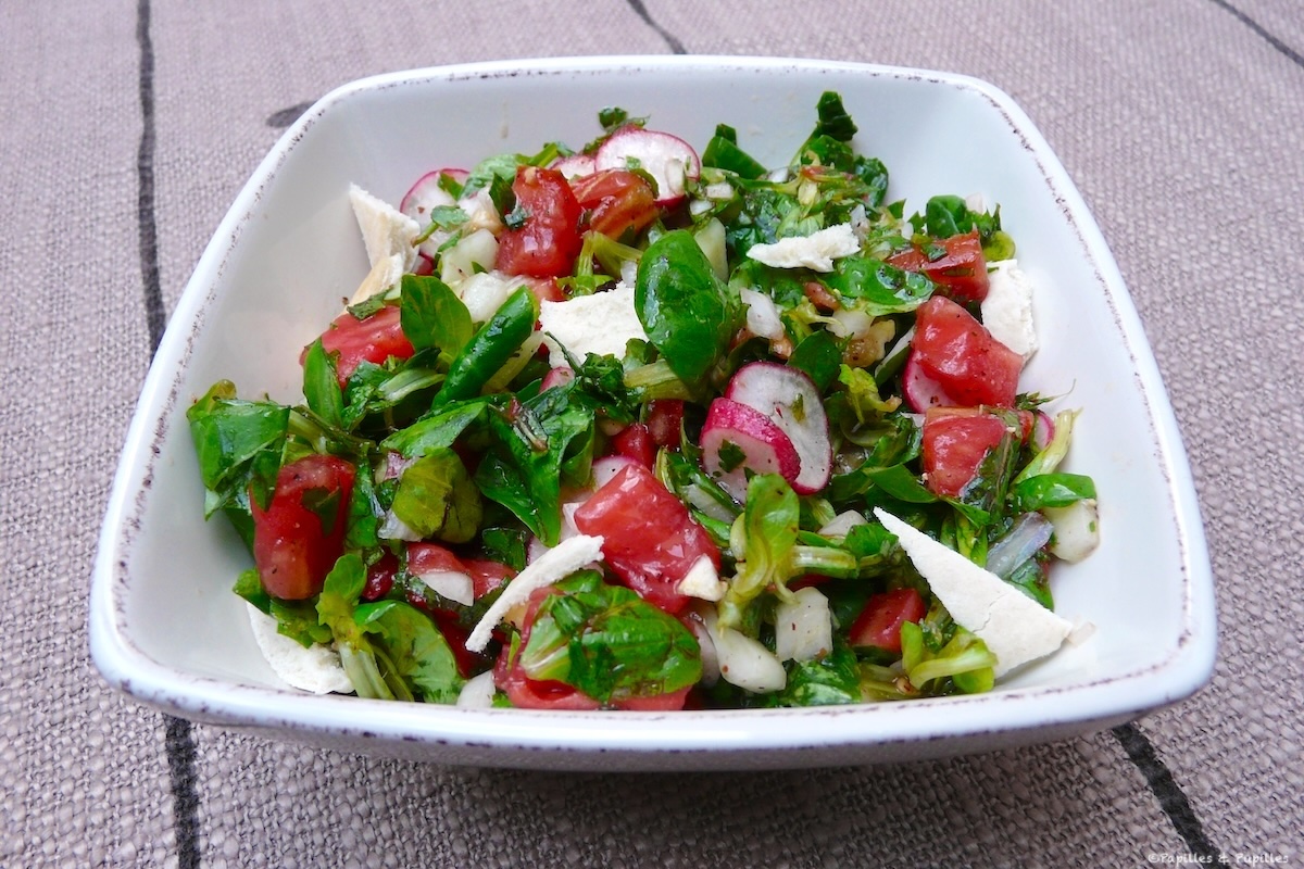 Salade fattouche libanaise avec légumes, herbes fraîches et pain pita grillé