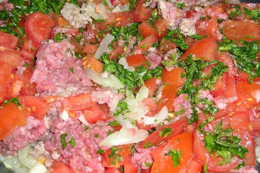Oignon, viande hachée, tomates