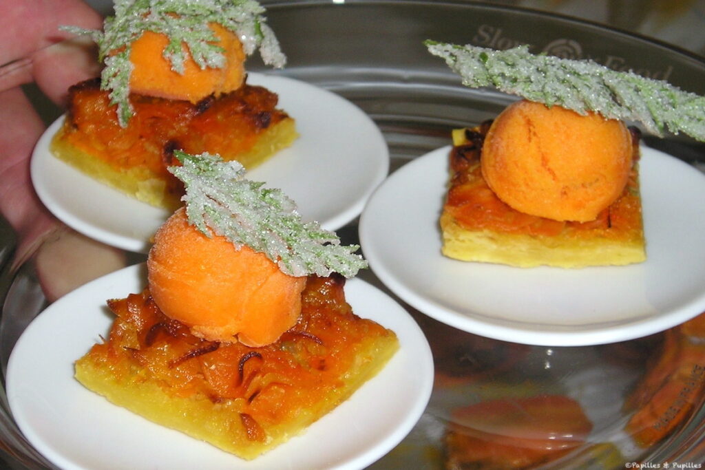 Tatin de carottes et fenouil, zestes d'orange, glace carotte cumin, fanes cristallisées