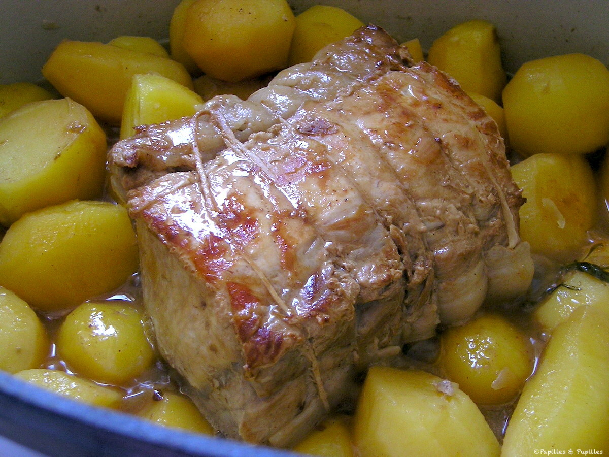 Rôti de porc à l'estragon, échalotes et pommes de terre