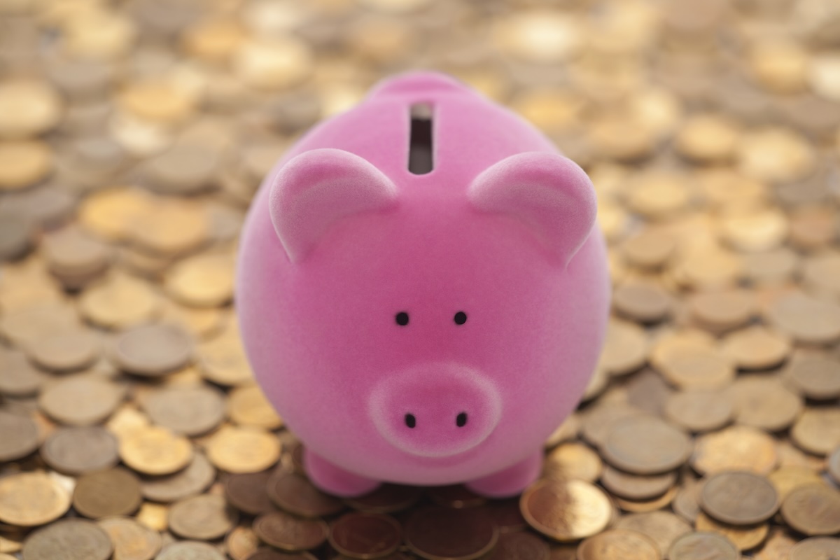 Pink piggy bank on coins
