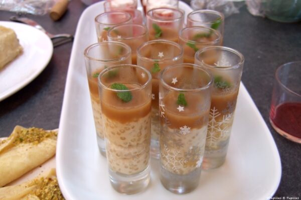 Verrines de perles du japon à la crème d’amandes et purée de pêches