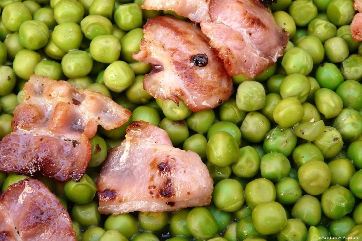 Petits pois frais au beurre, citron et bacon croustillant