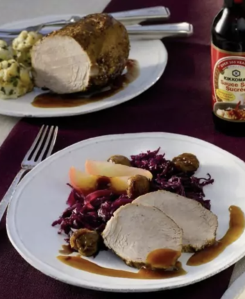 Rôti de veau au miel, sauce soja sucrée et marrons