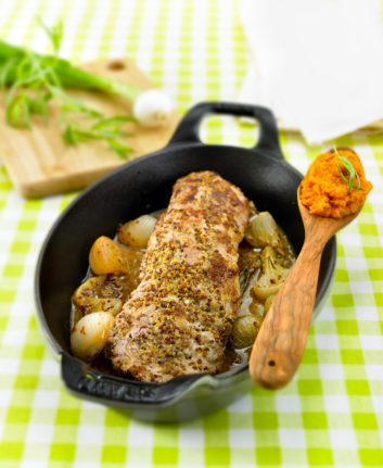 Filet mignon à la moutarde à l’ancienne et purée de patates douces