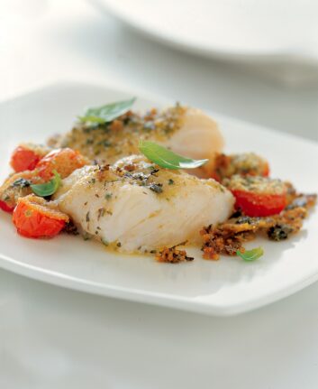 Skrei rôti aux herbes et à la moutarde