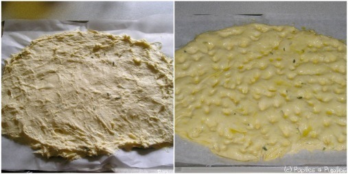 Focaccia - pâte crue étalée et pâte avant enfournement