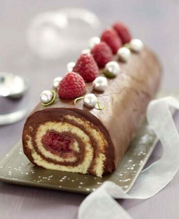 Bûche roulée chocolat, framboise biscuit, coco citron vert ©Le Syndicat du Chocolat