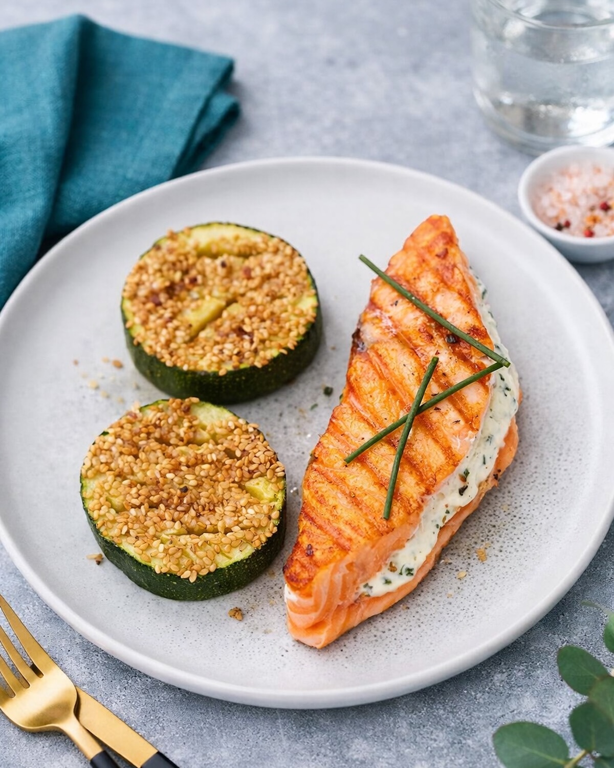 Saumon grillé au fromage frais et à la ciboulette, courgettes au sésame
