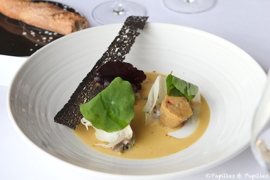 Foie gras poché dans le jus d'une bouillabaisse huitres bigorneaux, concombre de mer et fenouil cru, jus concentré à la criste marine