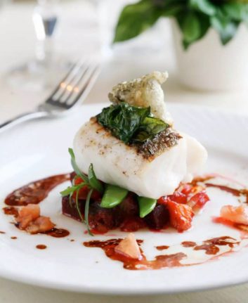 Skrei de Norvège {cabillaud} croustillant et sauce bourguignonne, crème de chou fleur