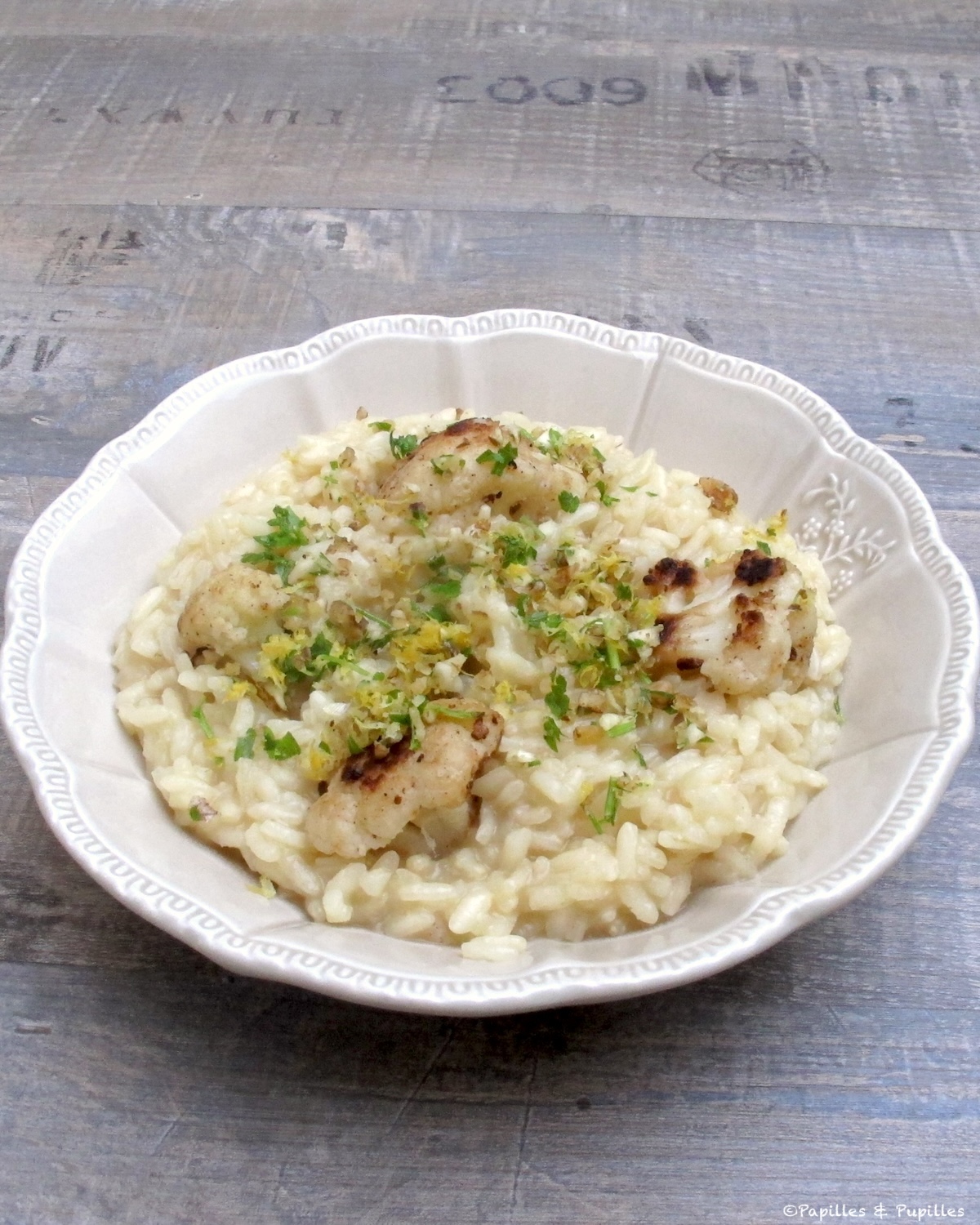 Risotto au chou fleur et sa gremolata persil, ail, citron, noix