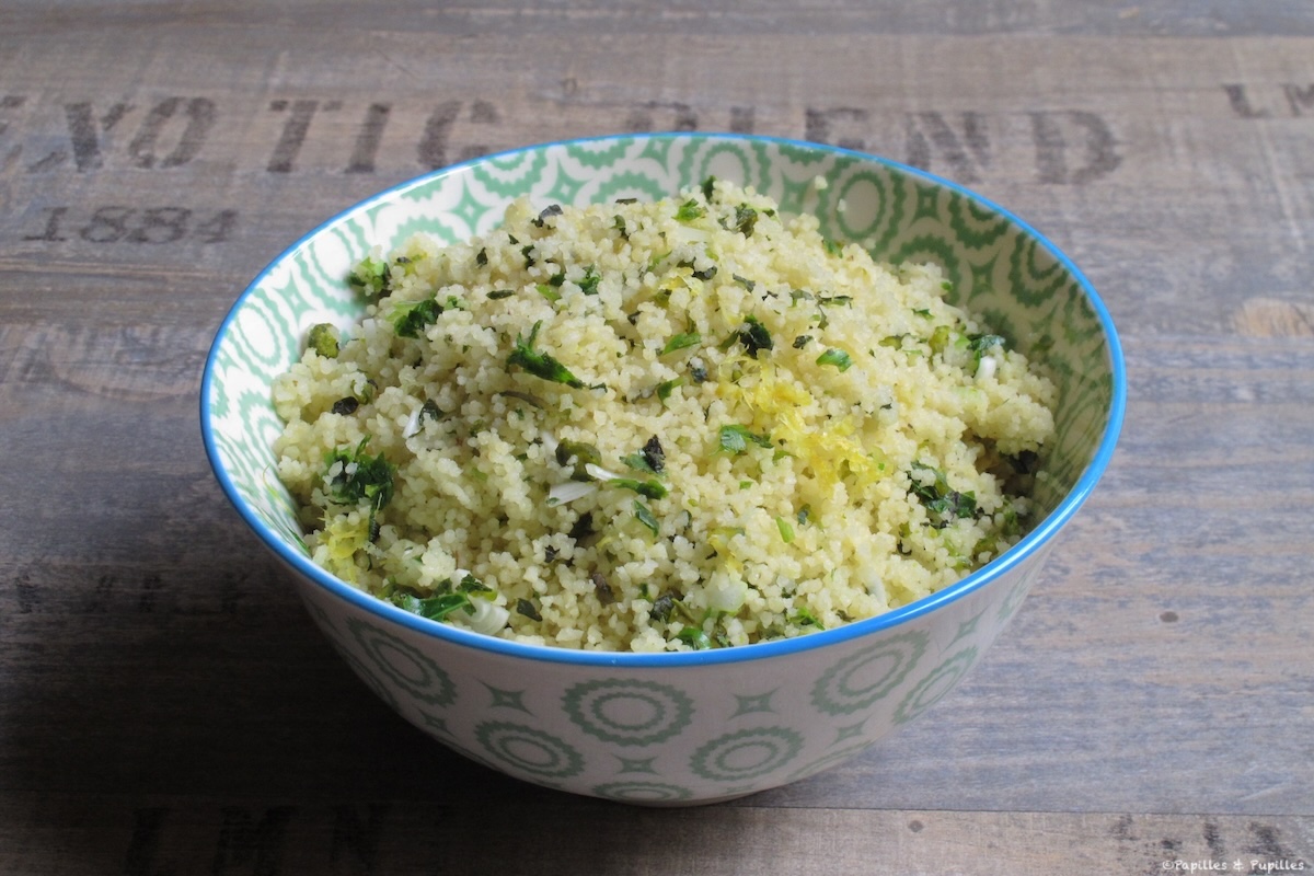 Semoule de blé (couscous printanier) aux herbes pistaches et citron