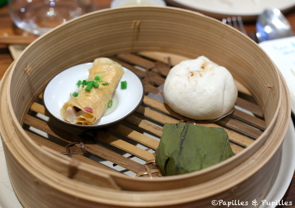 Feuille de soja caillée avec morue fraîche - Bouchée vapeur au canard et Feuille de lotus avec poitrine de veau braisée et riz gluant