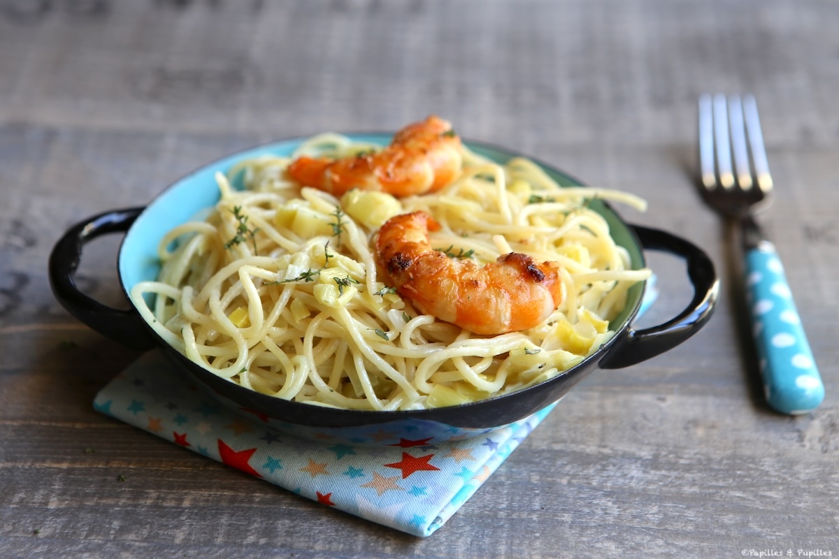Spaghettis aux gambas et aux poireaux