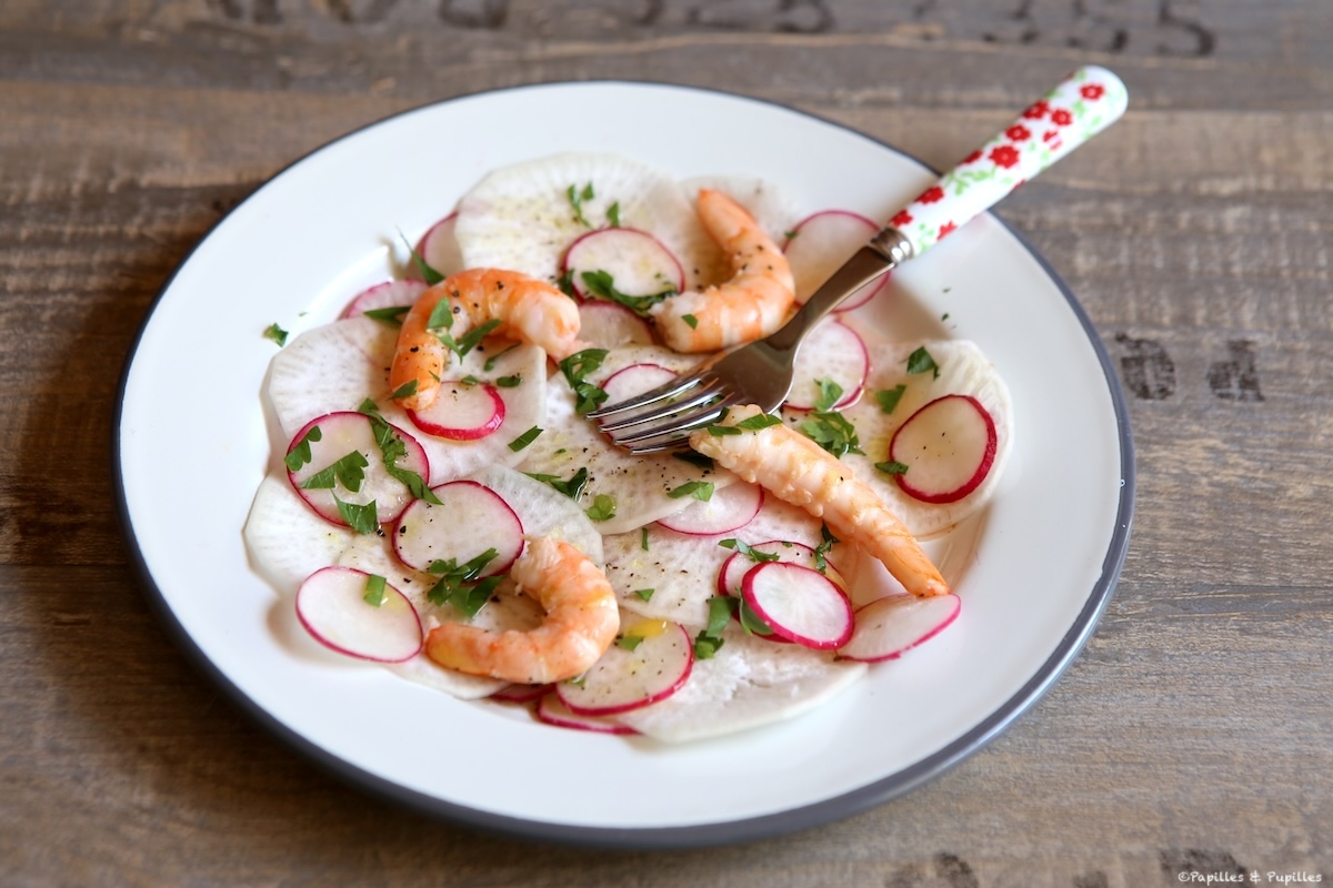 Salade aux deux radis et aux crevettes
