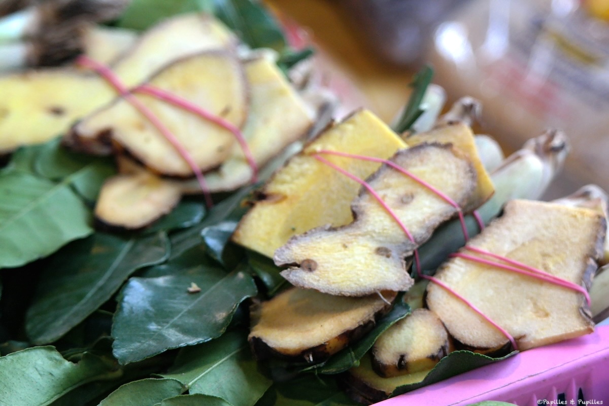 Mélange tout prêt sur le marché de galanga tranché et feuilles de Keffir