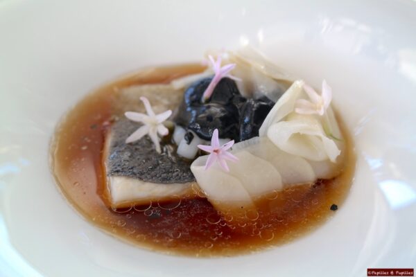 Cabillaud poché, seiches, navets Kabu et bouillon d'huîtres