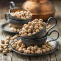 Vintage silver cup filled with dry chickpeas on a dark wooden background. selective Focus