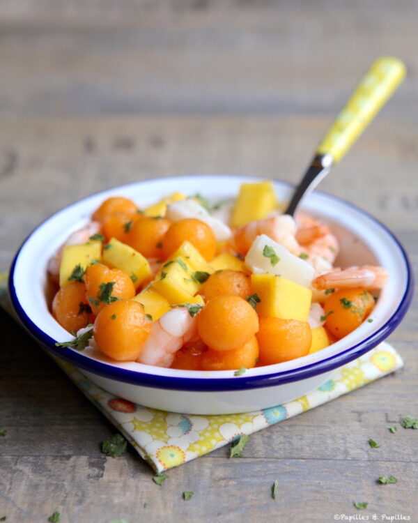Ceviche de cabillaud et crevettes au melon et a la mangue