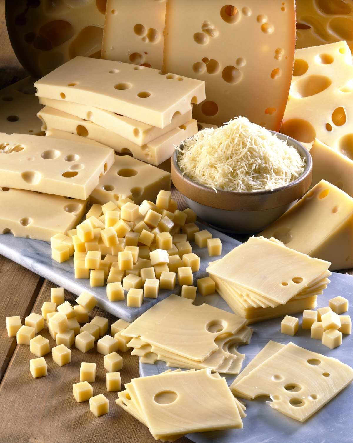 Gruyère, sliced, diced and grated