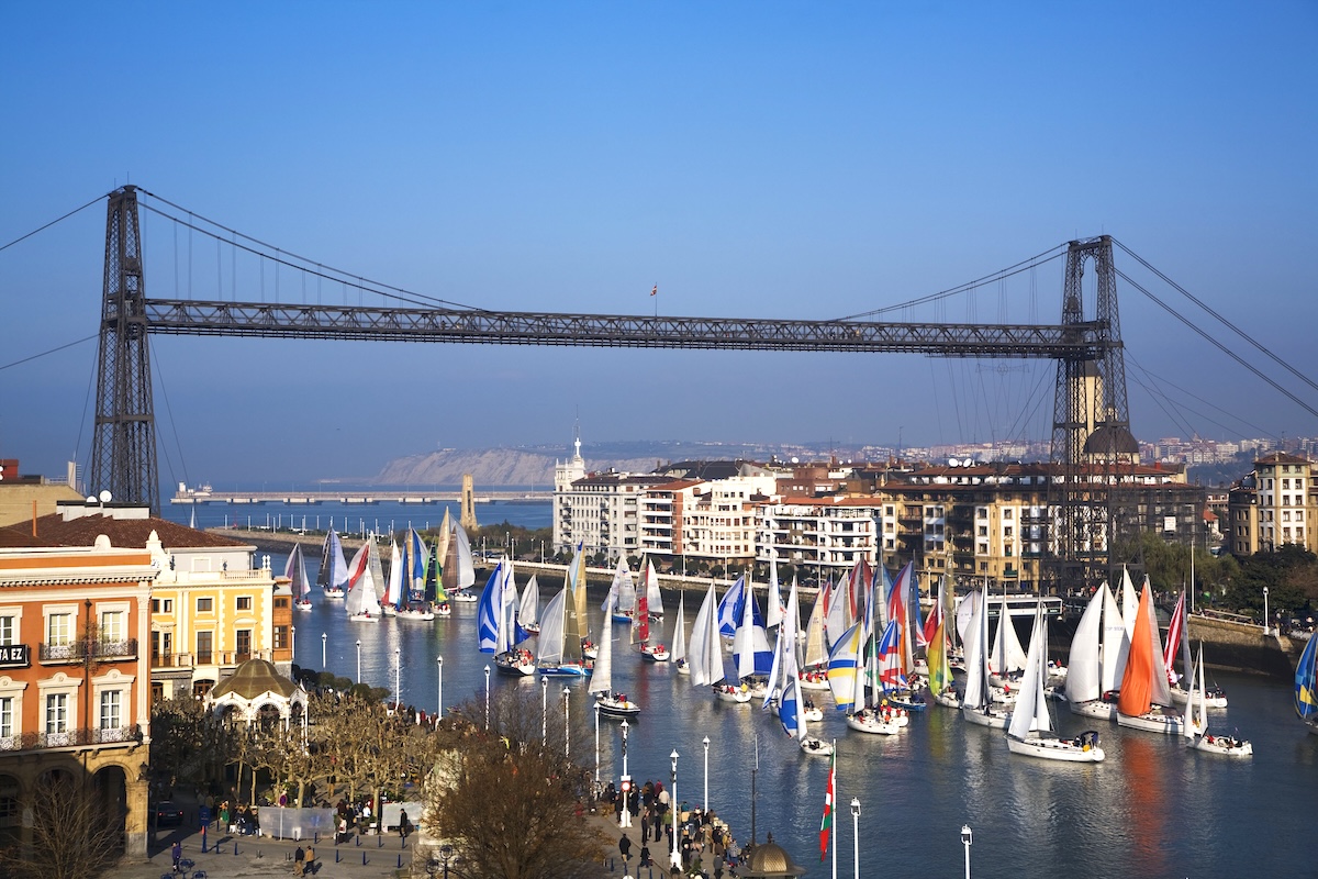 Vizcaya Bridge, transporter bridge that links the towns of Portugalete and Las Arenas (part of Getxo). Biscay, Basque Country, Spain. 