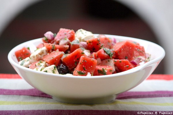 Salade de pastèque, féta et olives noires