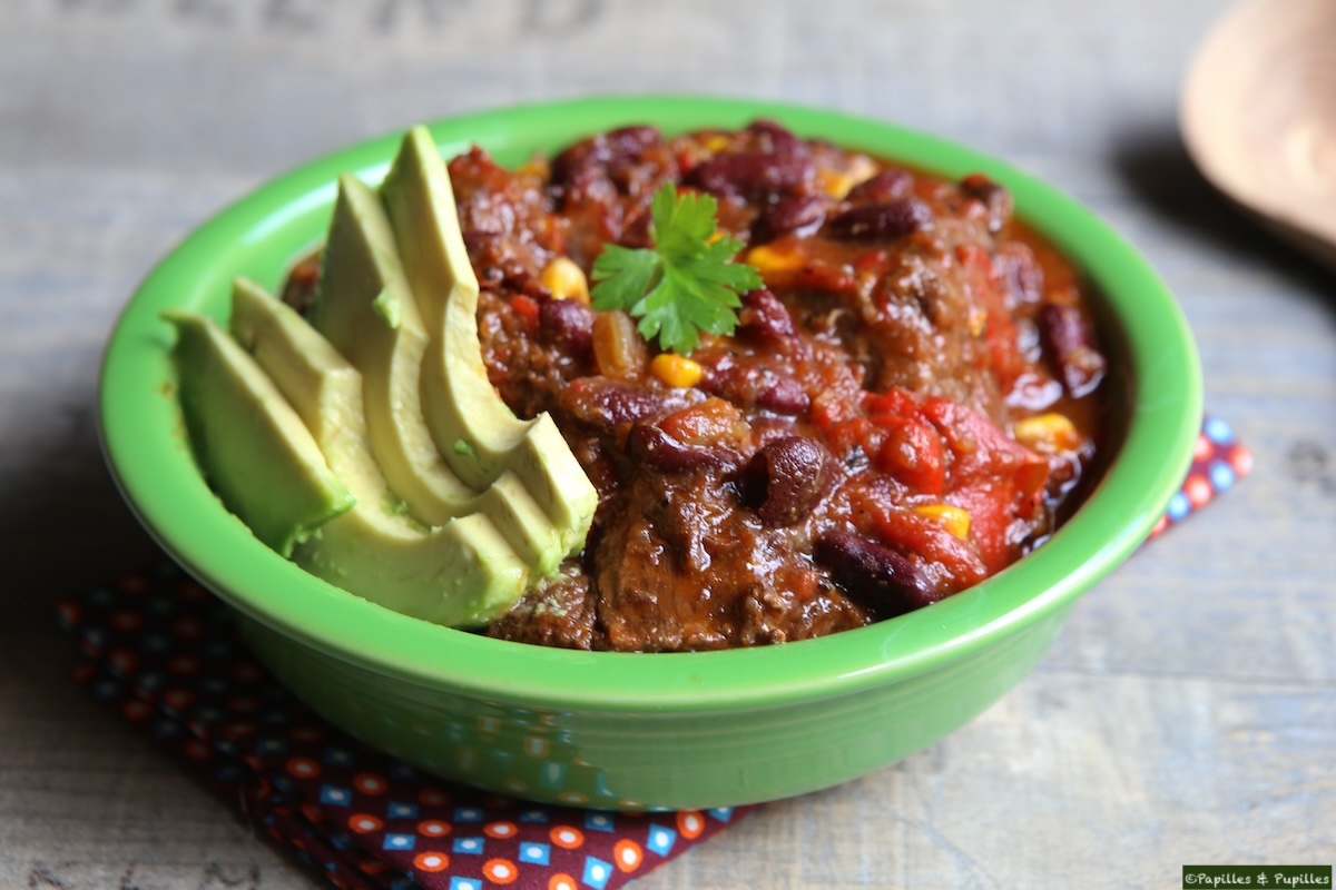 Chili con carne de joues de bœuf, plat tex-mex mijoté et fondant