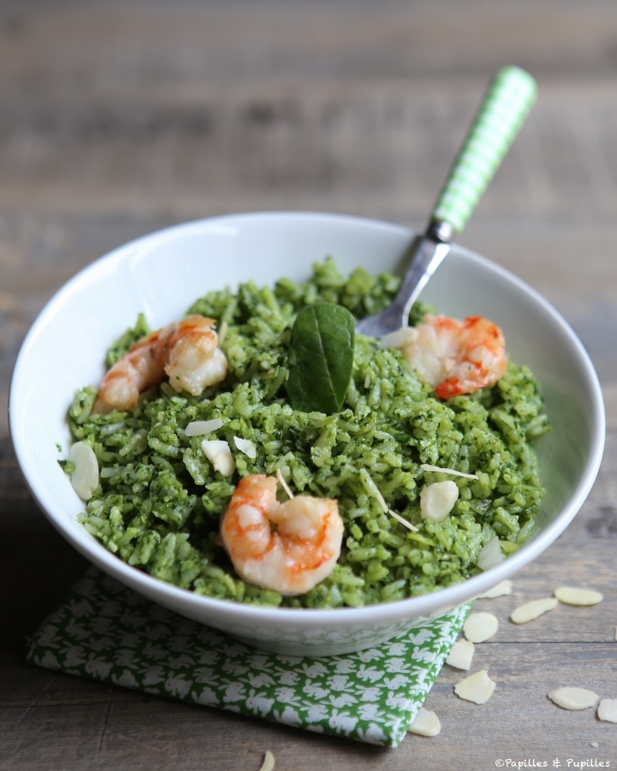 Riz au pesto d’épinards et crevettes