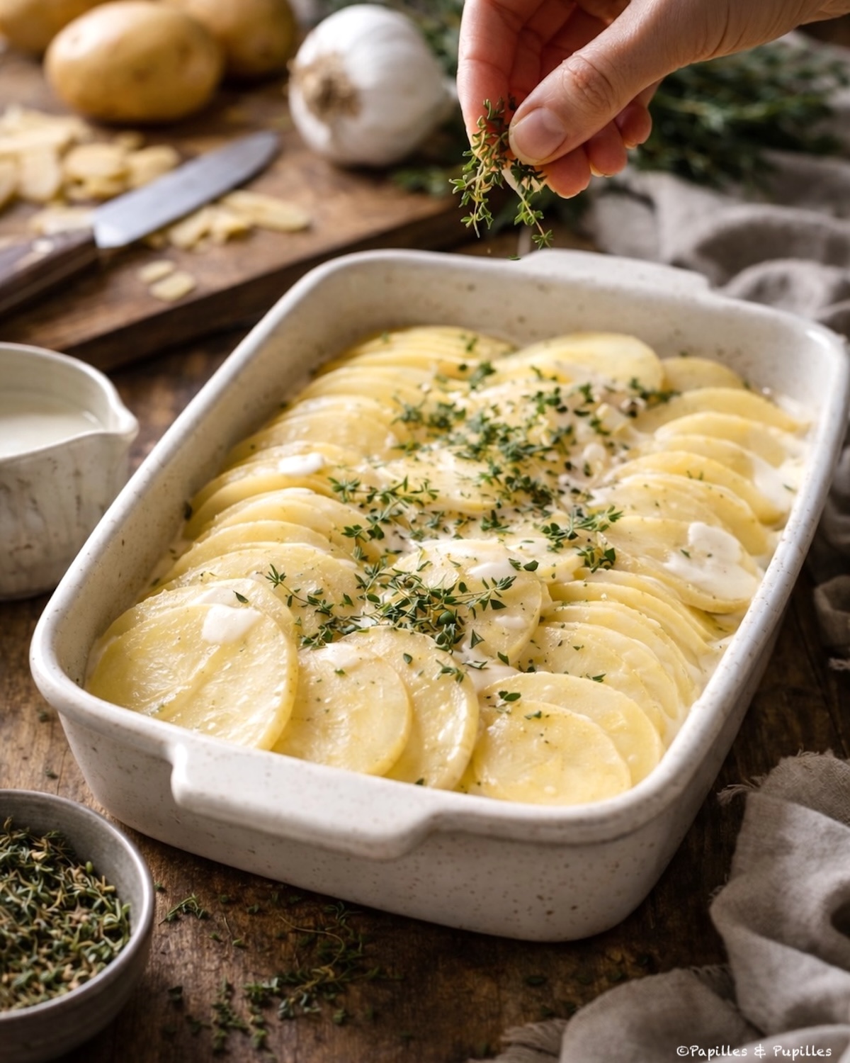 Gratin de pommes de terre en cours de préparation, tranches fines et crème avant cuisson