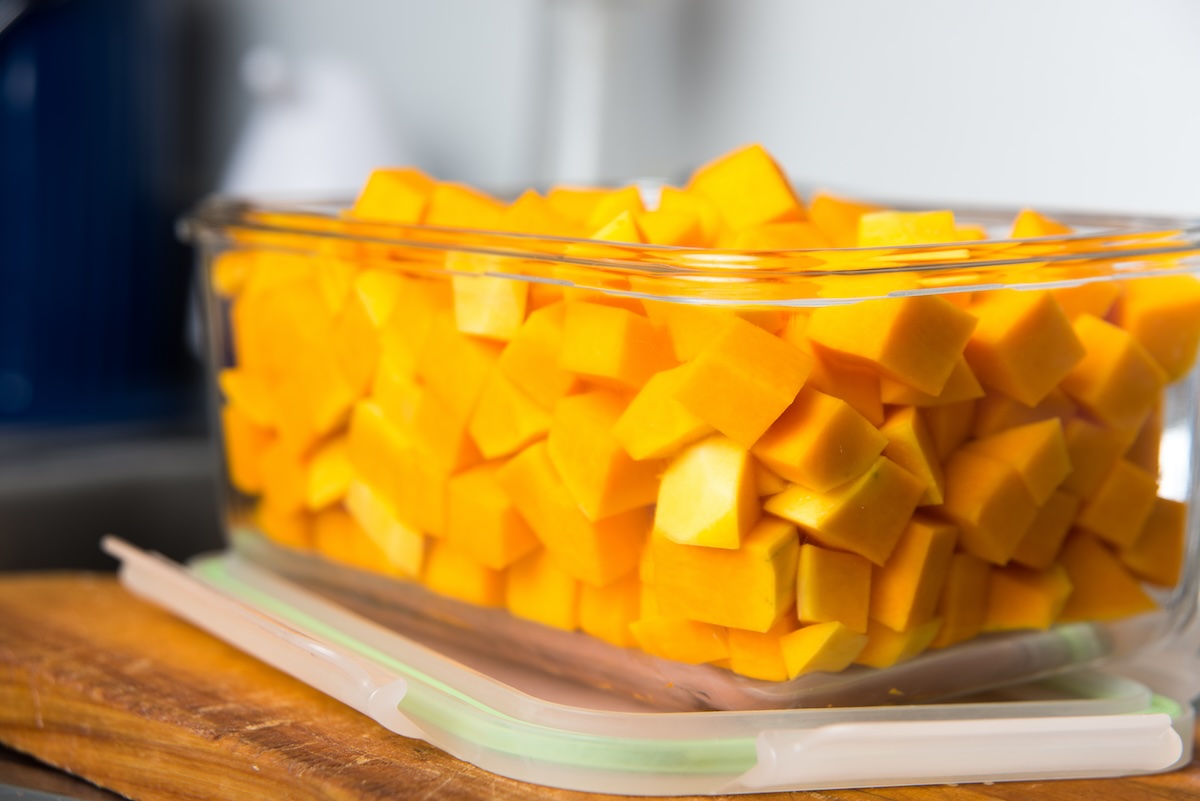 Cubed Butternut Squash in Glass Storage Container