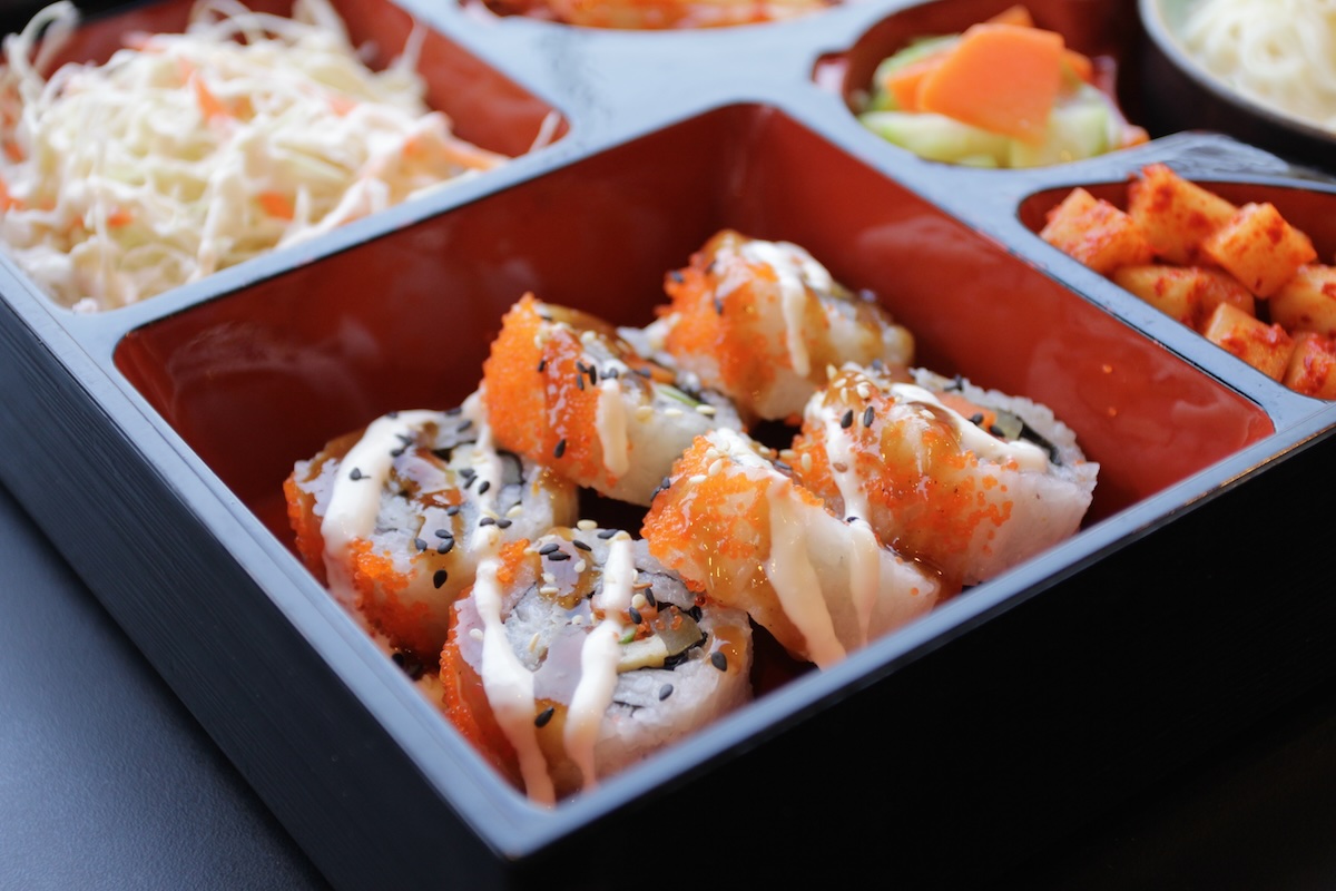 Japanese Bento Lunch .box of fast food with smoked eel and vegetable