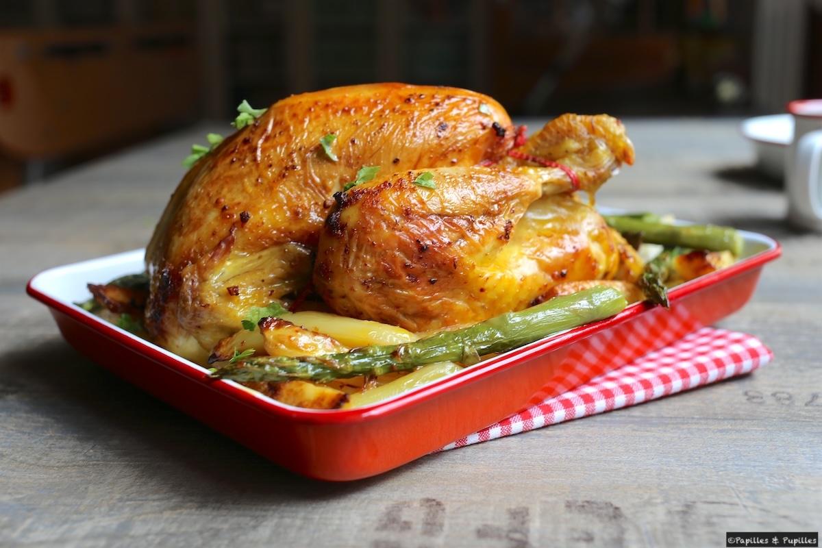 Poulet rôti - Pommes de terre et asperges vertes