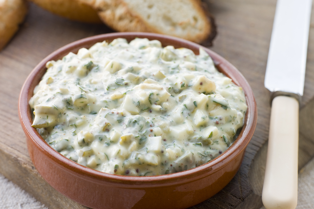 Dish of Sauce Gribiche with Toasted Baguette