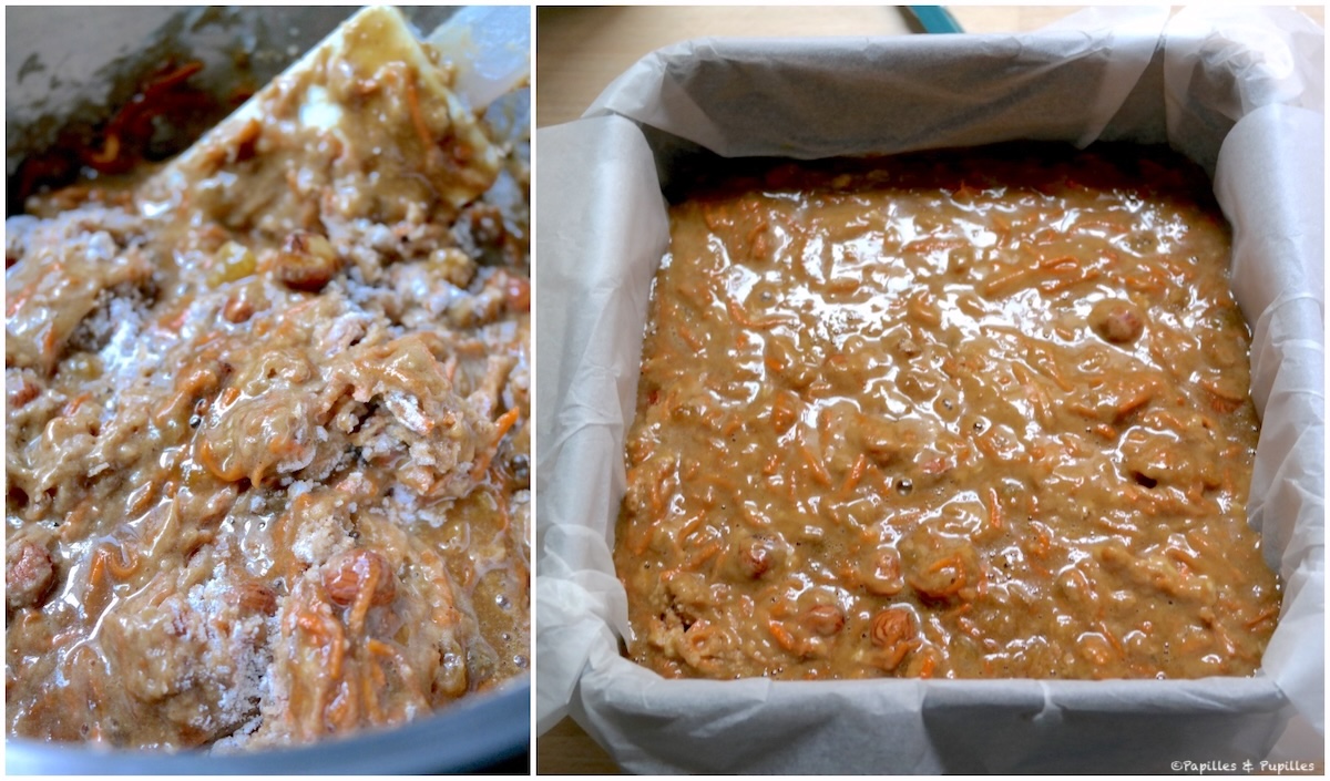 Pâte à carrot cake versée dans moule carré avant cuisson
