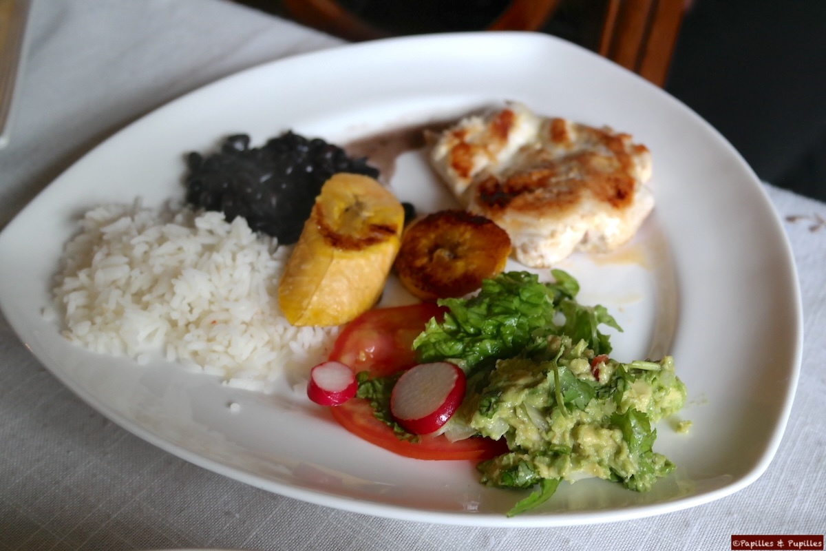Assiette de casado : poulet au citron vert, riz, haricots et guacamole