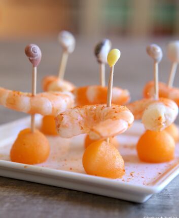 Brochettes de melon et crevettes au piment d'Espelette