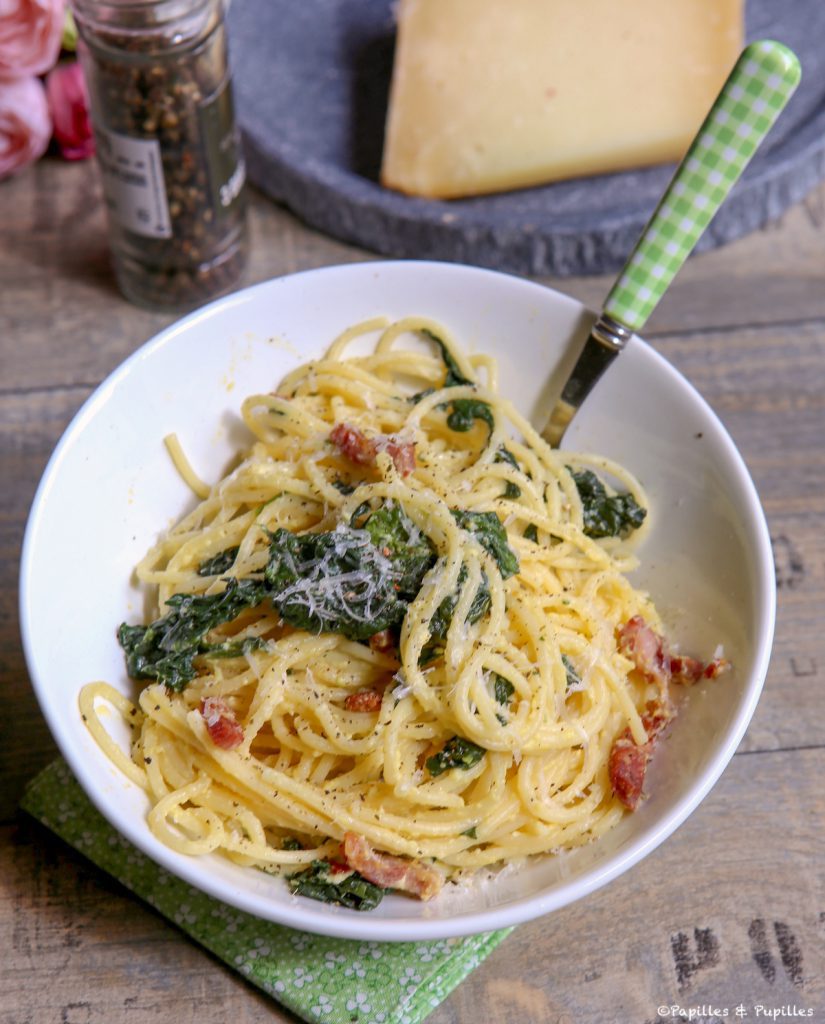 Pâtes carbonara aux épinards