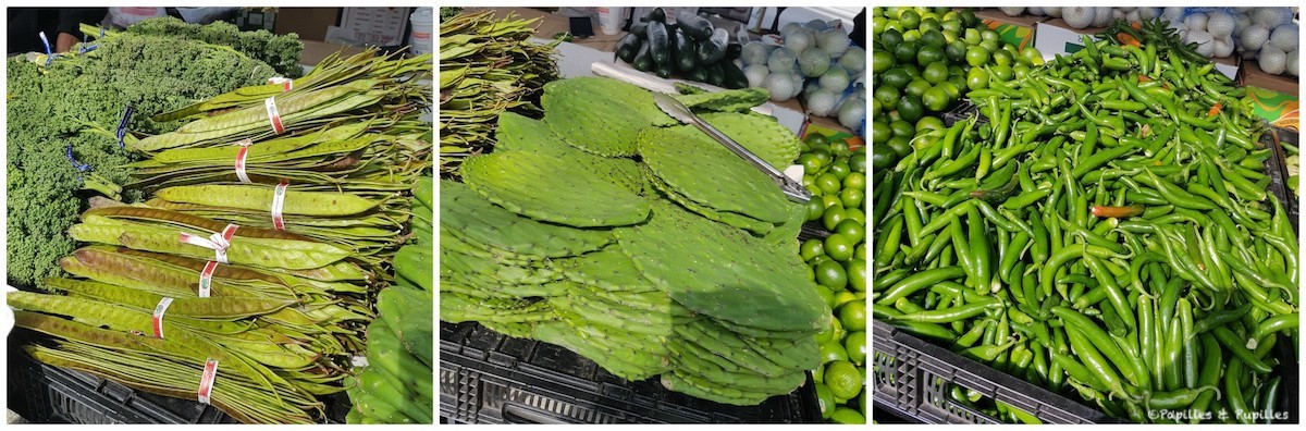 Maxwell Street Market - légumes inconnus, feuilles de cactus et piments