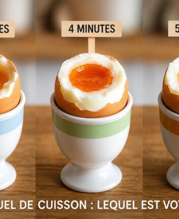 Guide visuel de cuisson de l'œuf à la coque comparant la consistance du jaune à 3, 4 et 5 minutes