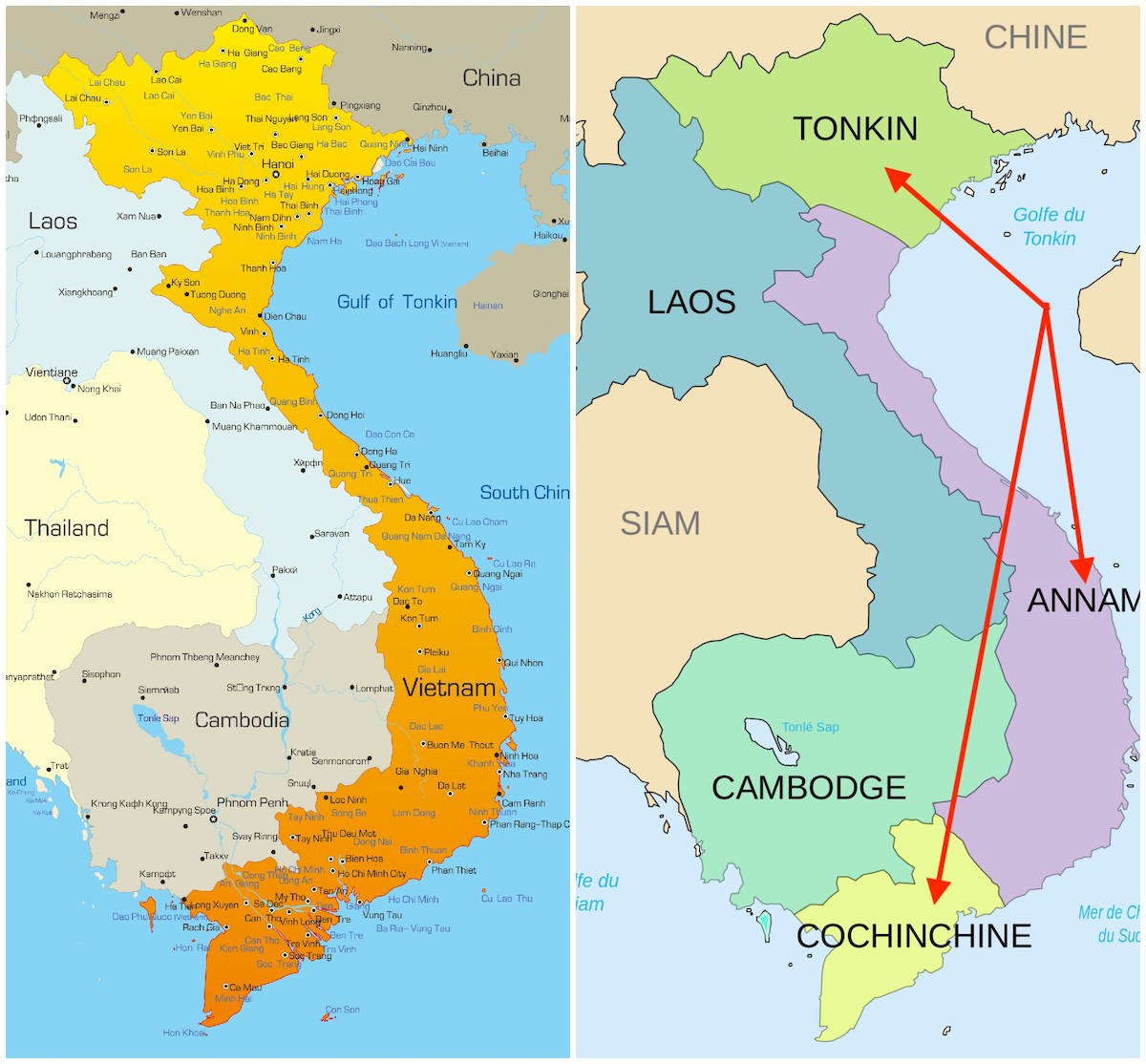 Carte du Vietnam avec les 3 régions
