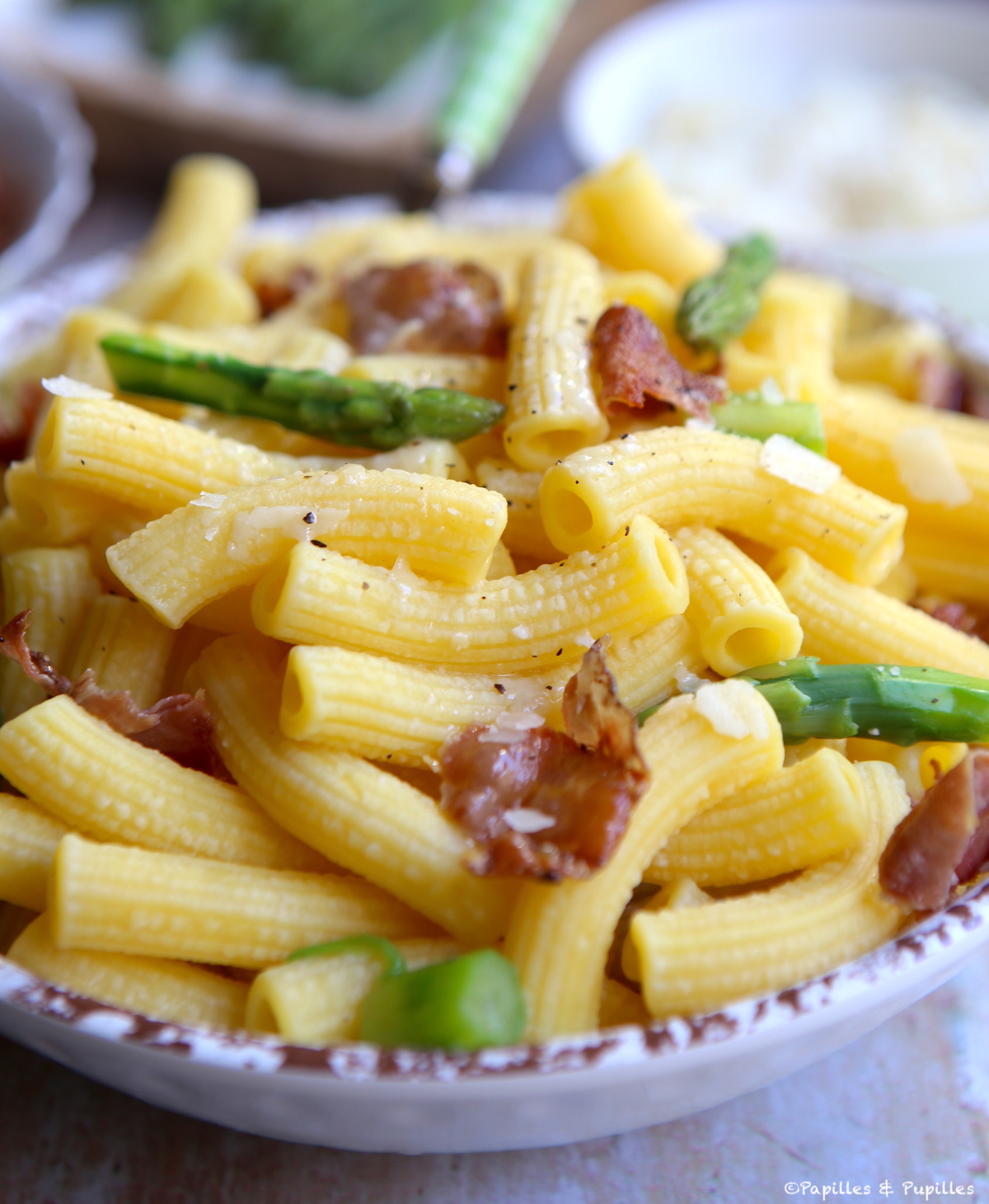 Pâtes asperges pancetta Parmesan