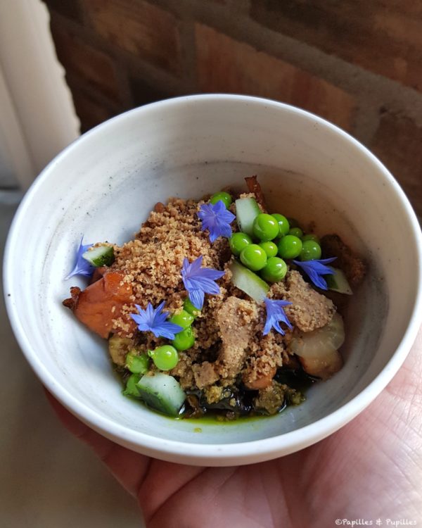 Champignons sauvages - Groseilles à maquereau, petite pois et concombre rôti