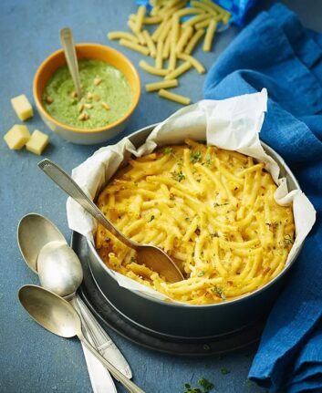 Gratin de pâtes au comté, pesto d’épinards