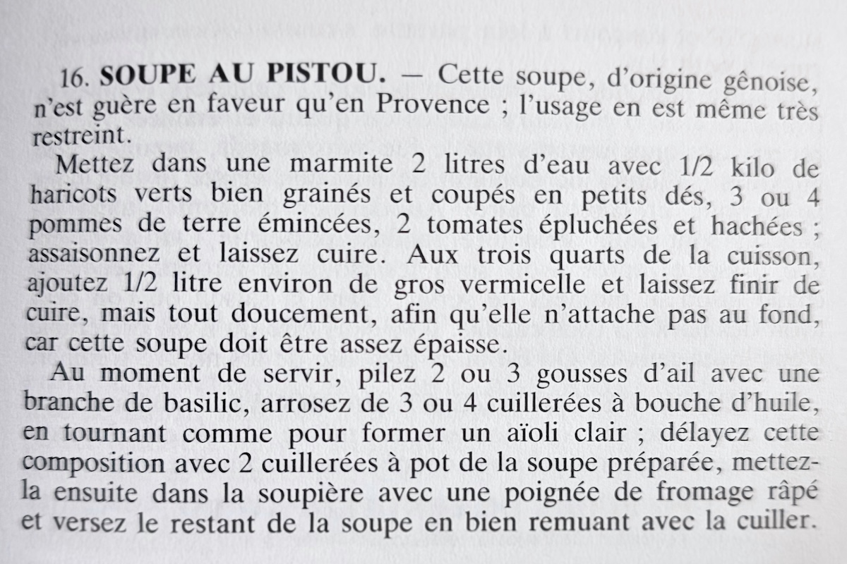 Recette de soupe au pistou dans La Cuisinière provençale de J.-B. Reboul